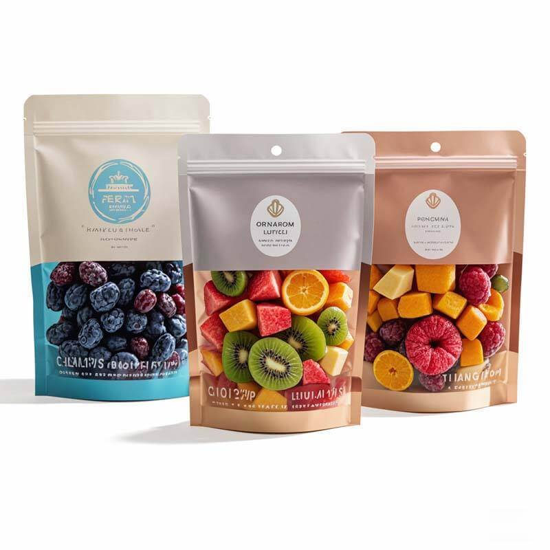 Frozen fruit and vegetable stand-up pouches with fresh-lock zipper