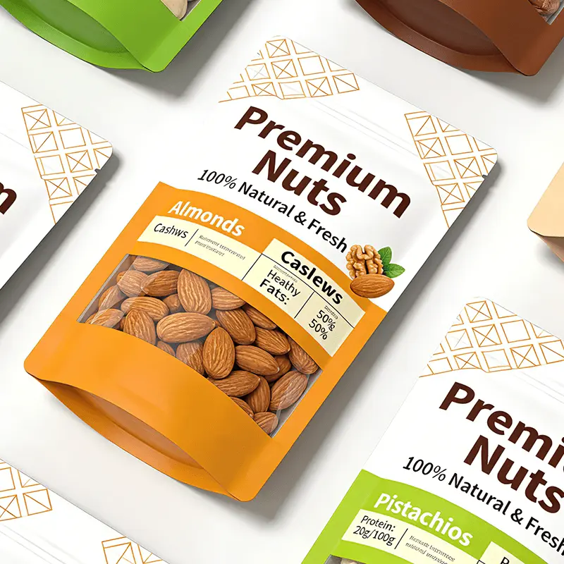 Custom printed nut packaging bag with resealable zipper and high barrier protection - front angle view