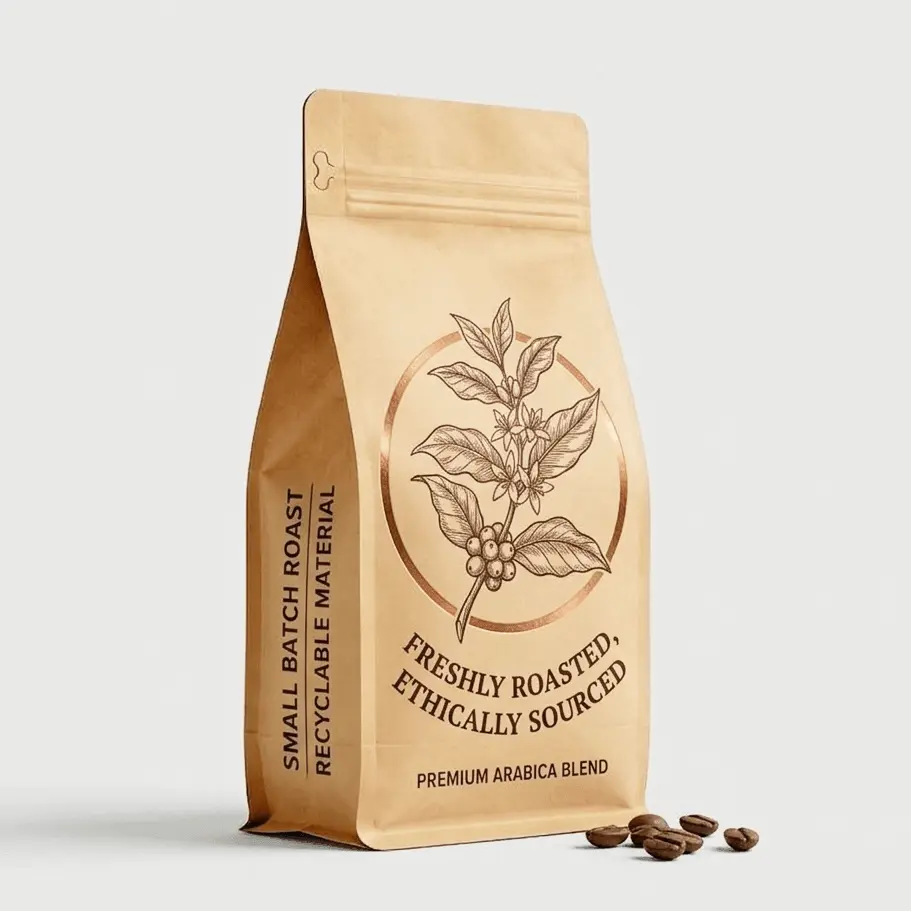 Side gusset view of flat bottom coffee bag showing 5-panel structure