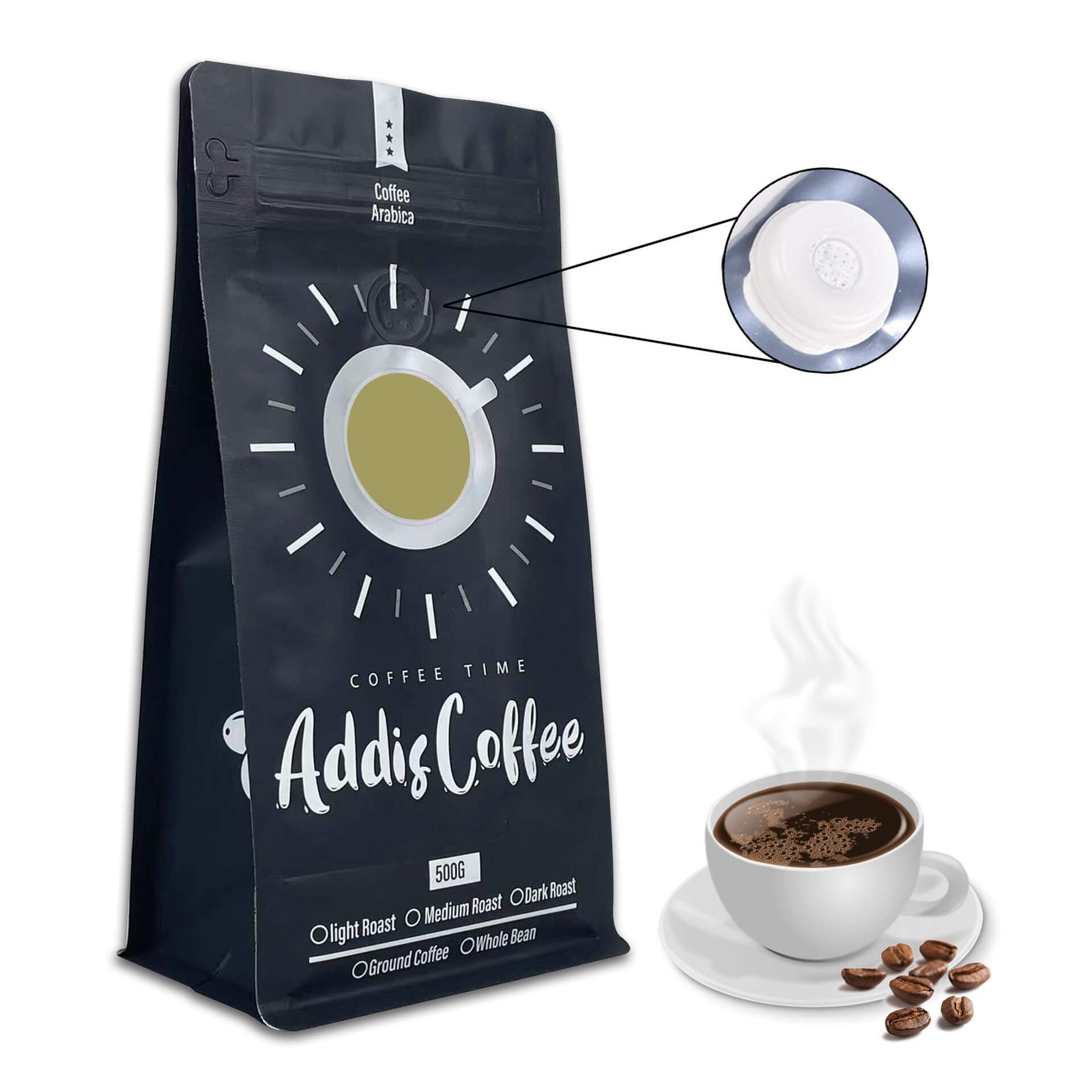 Coffee pouch with one-way degassing valve for roasted coffee freshness