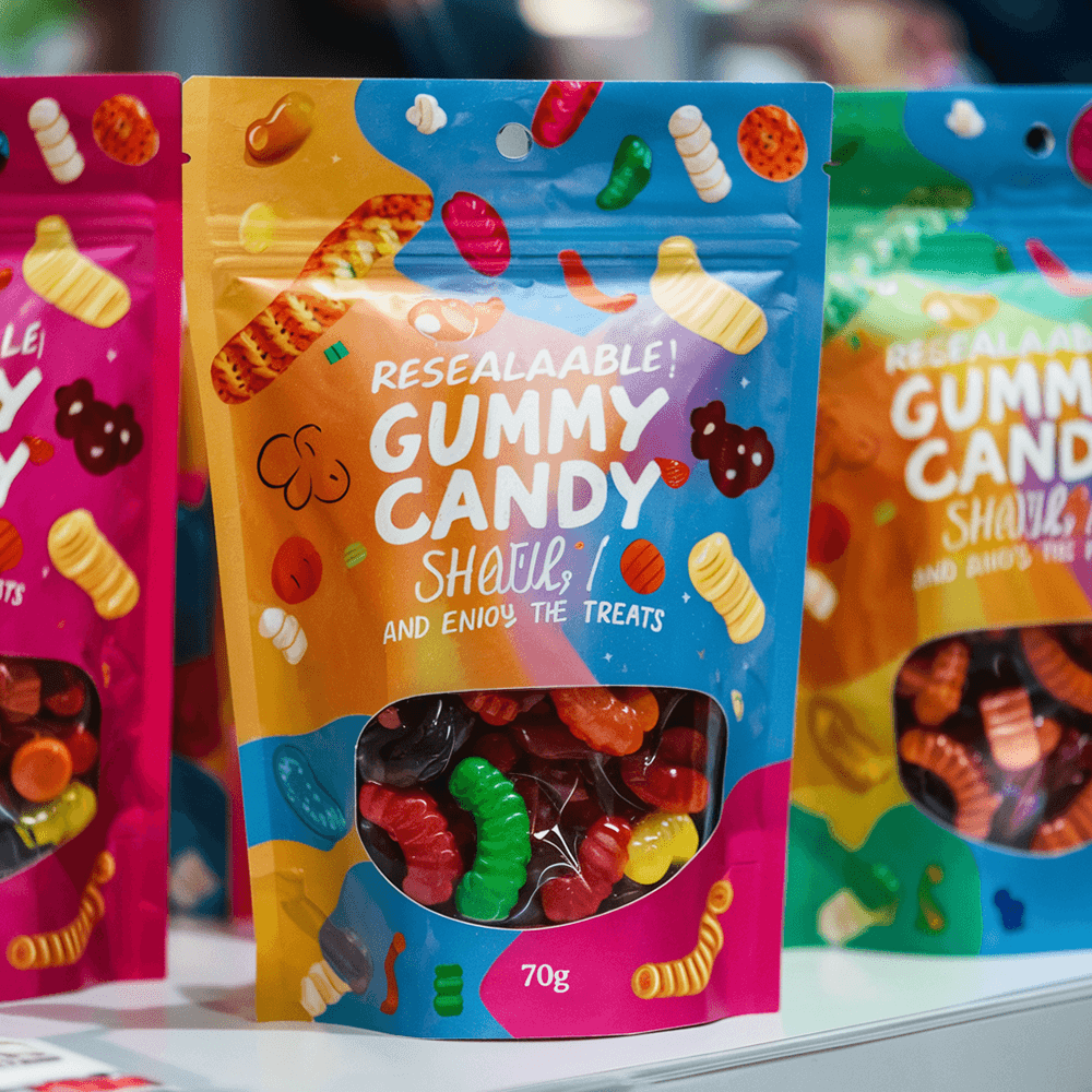 Custom printed stand up candy pouch with resealable zipper