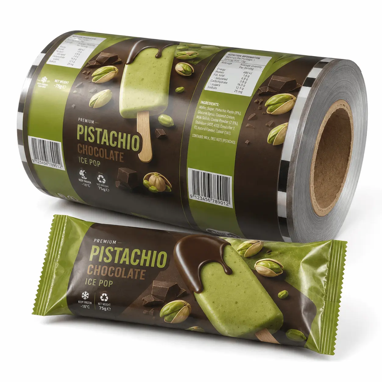 Printed rollstock film sample for nuts and dried fruit packaging