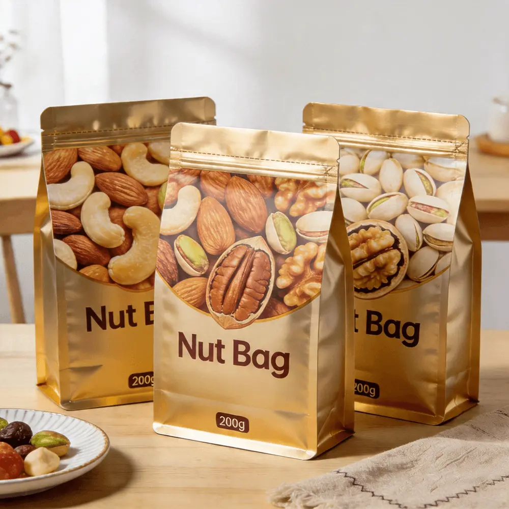 Dried fruit flexible packaging with resealable zipper detail