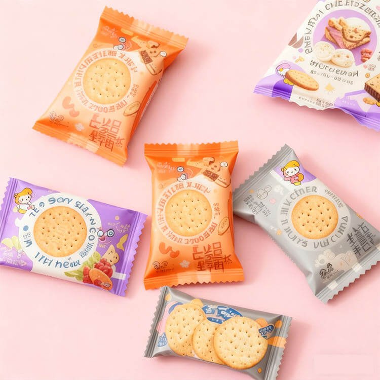 Metallized biscuit packaging with shiny interior barrier