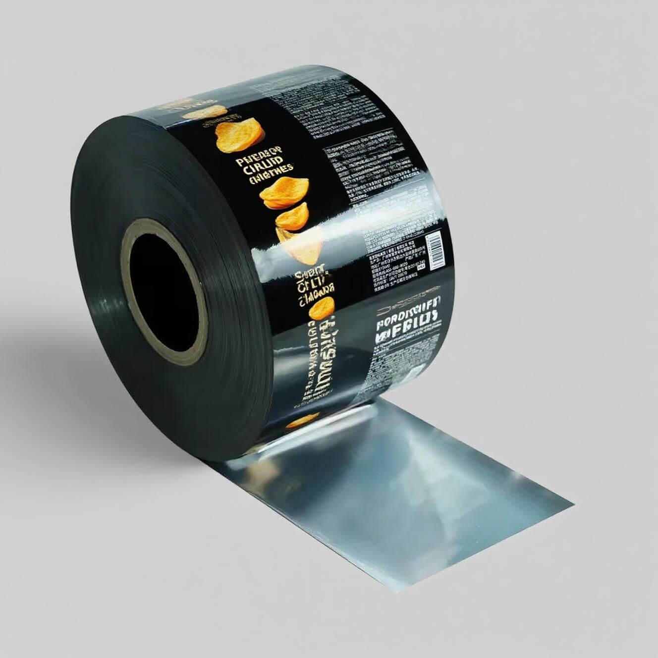 Laminated roll film detail for snack food packaging with matte finish