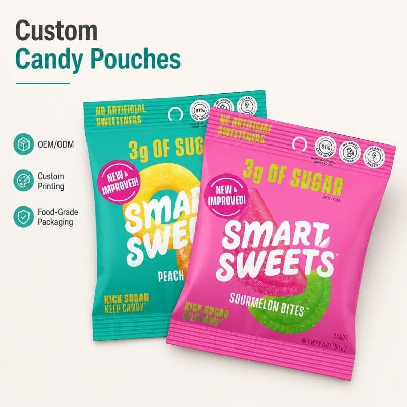 Front view of custom printed candy stand up pouch with matte finish