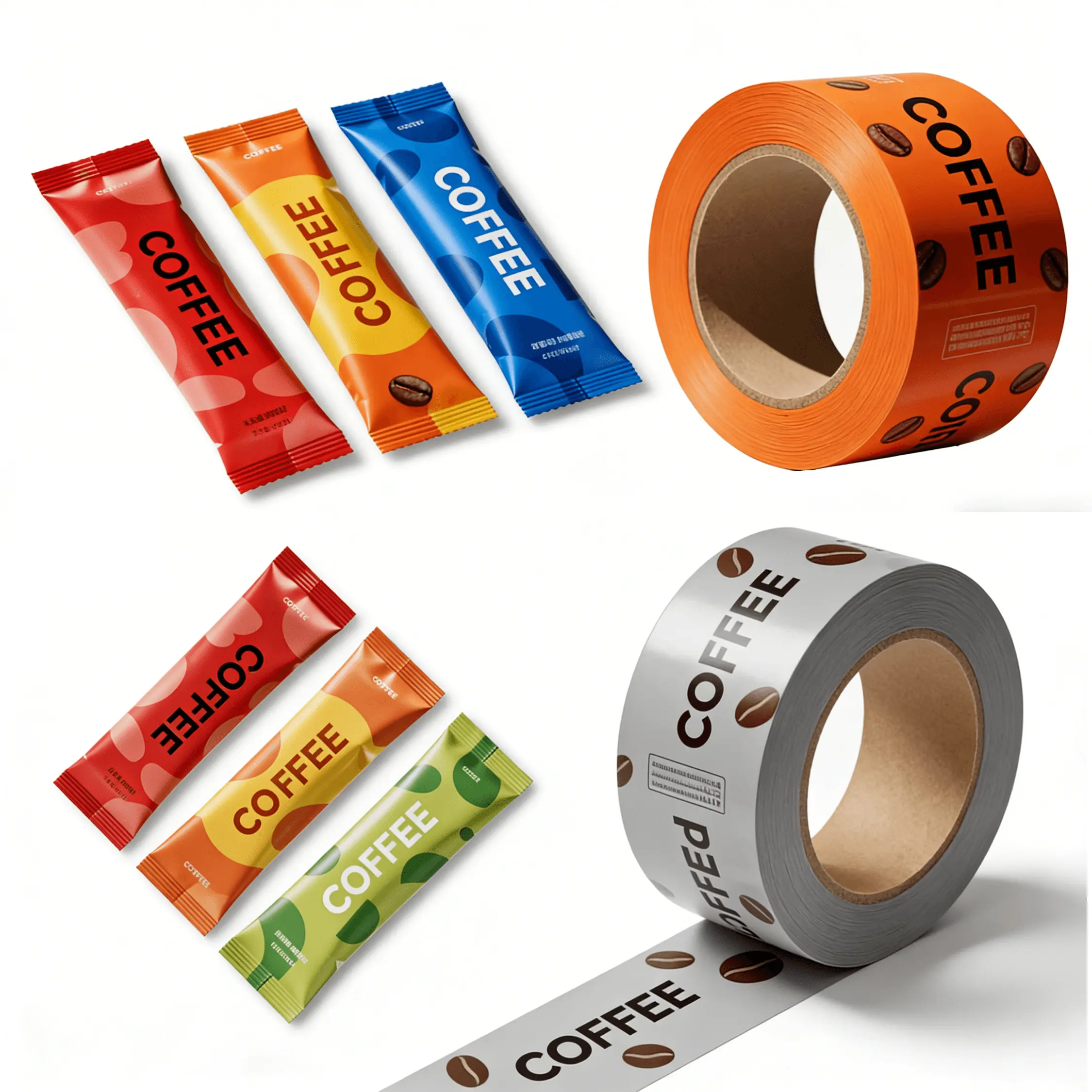 Custom printed food packaging roll film on a roll - flexible rollstock film for snacks, coffee, candy and more