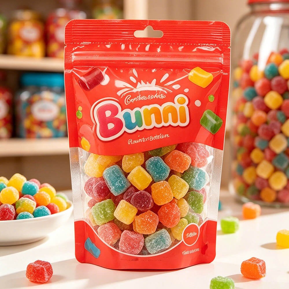 Candy bag with clear window panel for product visibility