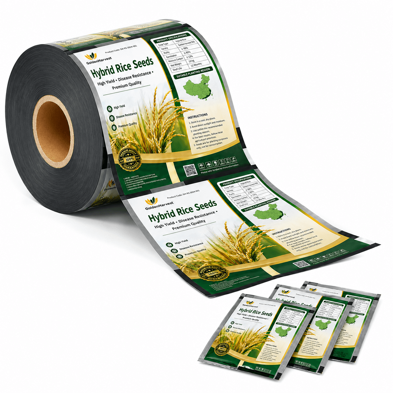 Side view of printed food packaging roll film showing lamination layers