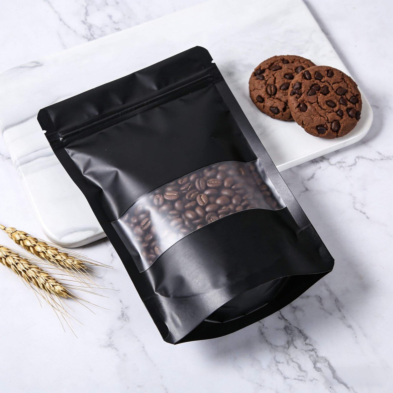 Side view of self-standing coffee pouch showing gusset