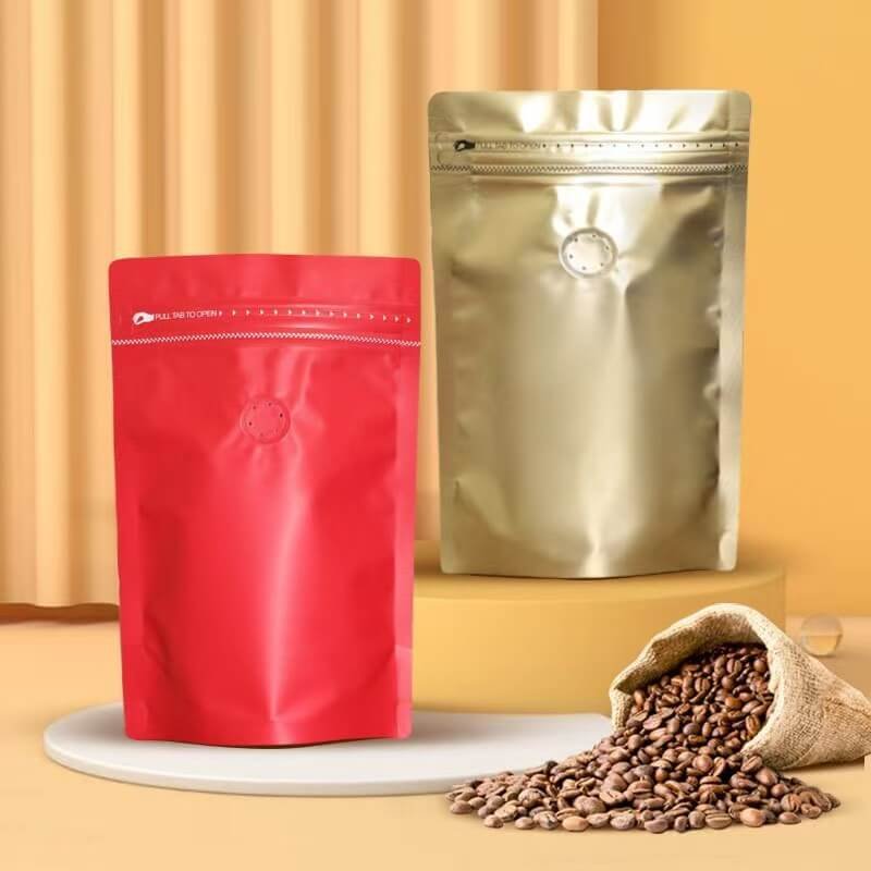 Custom printed stand up coffee pouch with one-way degassing valve and resealable zipper - front angle view