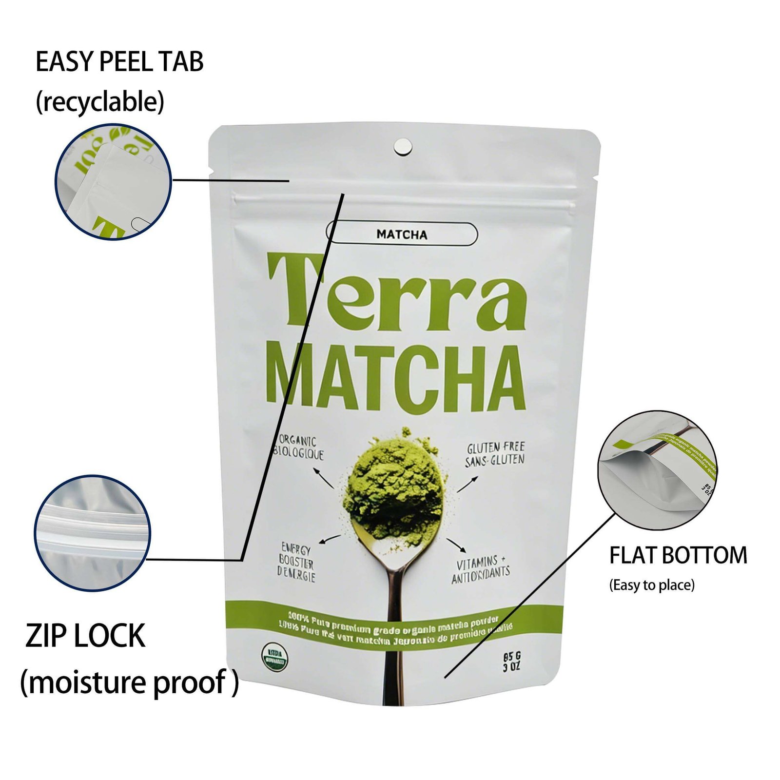 Stand up tea pouches with zipper resealable loose leaf tea bags