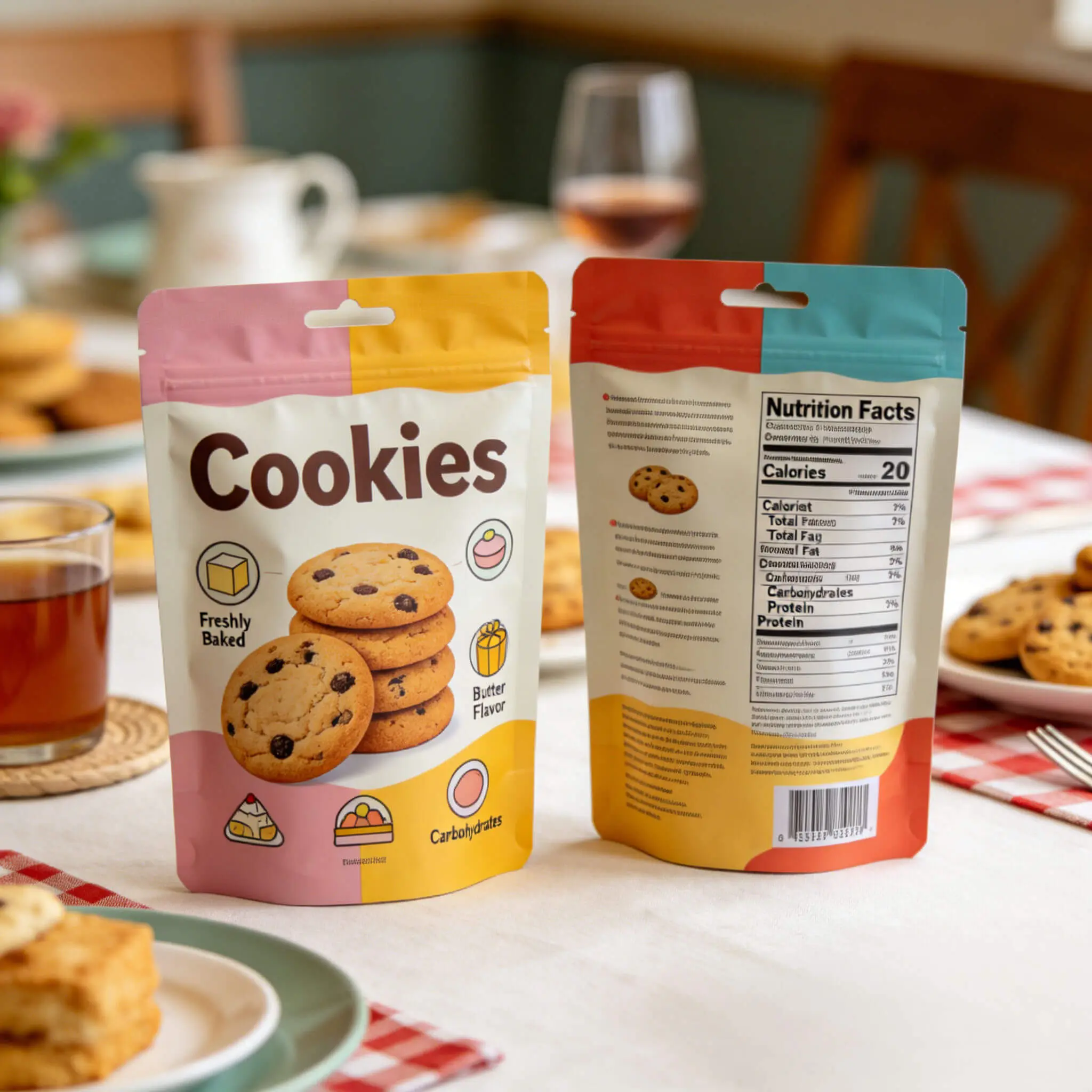 Custom printed biscuit packaging bag with resealable zipper - front view