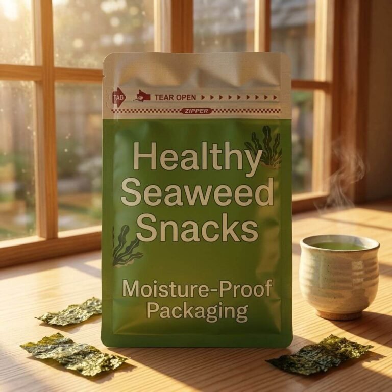 Custom printed three side seal snack bags with full-face brand artwork on a flat sachet format