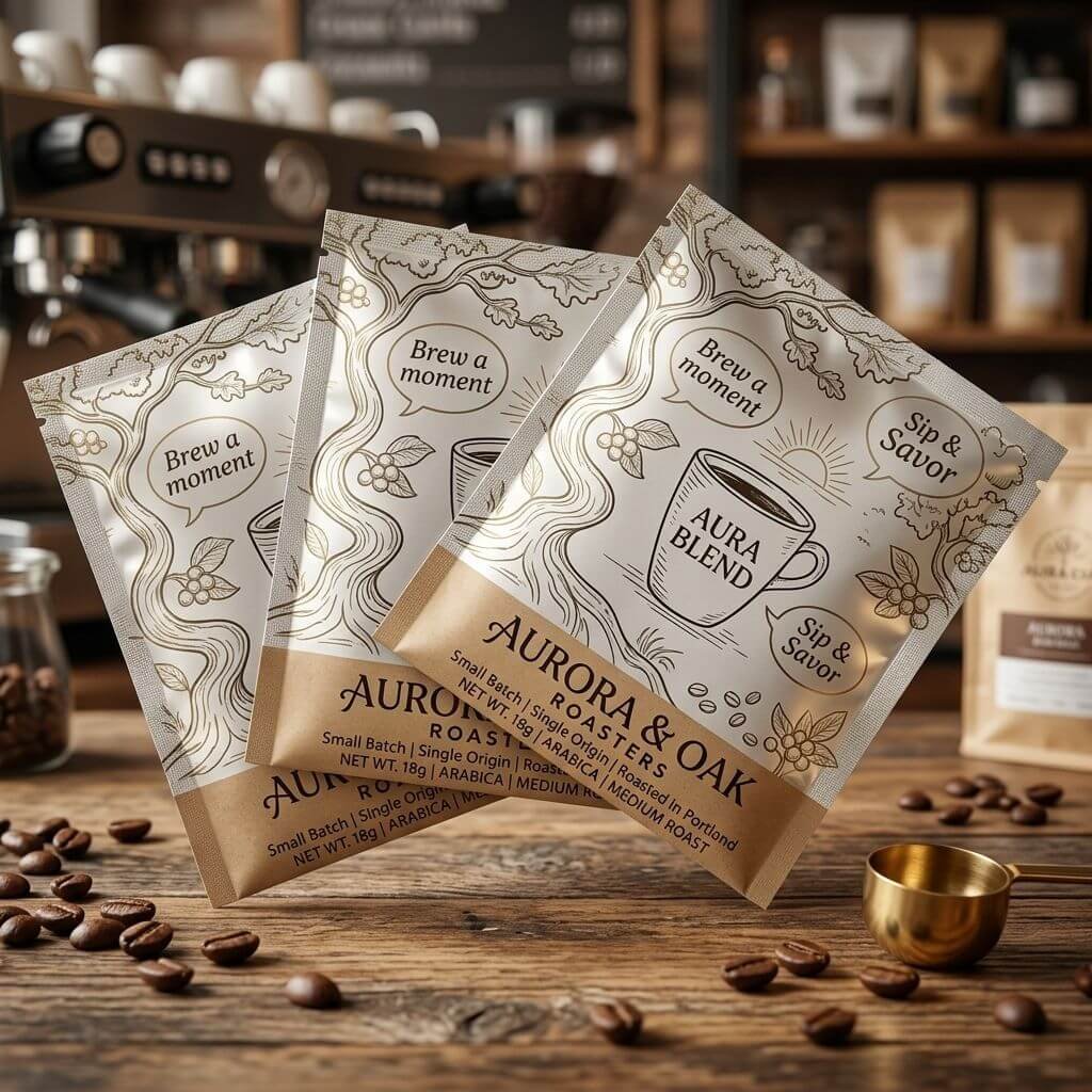 Three side seal bag for ground coffee with tear notch