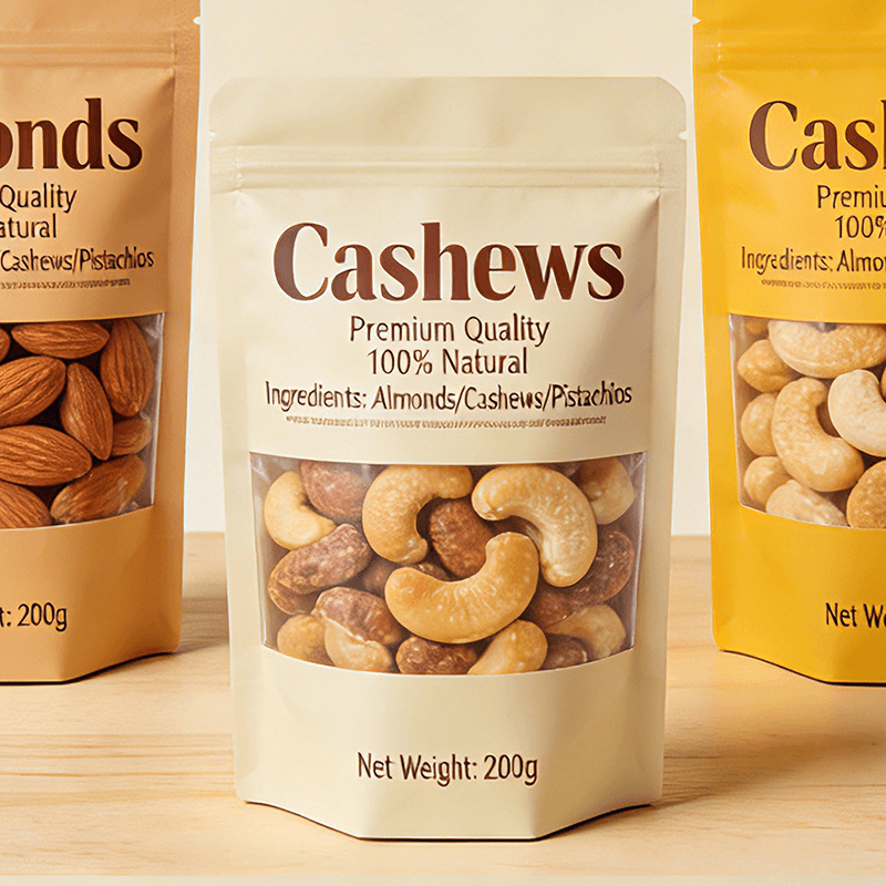 Front view of printed snack pouch with zipper and brand logo