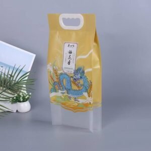 Four side seal rice packaging outer bag with a plastic carry handle for retail rice and grain packing